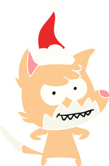 hand drawn flat color illustration of a grinning fox wearing santa hat