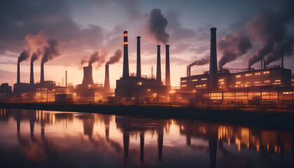 Fototapeta na wymiar Factory of industry in dramatic sunset over industrial area with smoke from chimneys, post-apocalyptic scene created with generative ai