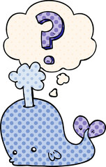 cartoon curious whale with thought bubble in comic book style