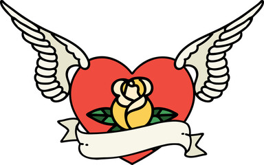 tattoo in traditional style of a flying heart with flowers and banner