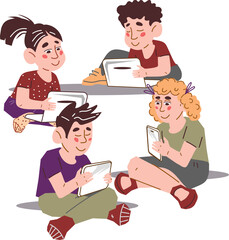 Digital native generation, children who have grown up in a world of technology and digital tools. Digital native generation or gen Alpha children with gadgets. Kids using computers and phones.