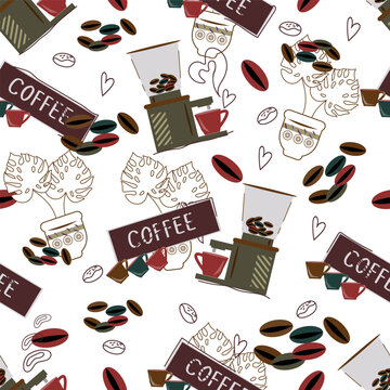 Coffee and coffee machine seamless pattern vector design for backgrounds, wallpapers and wrapping paper. Decorative seamless pattern endless texture, hand drawn flat vector.