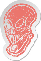 distressed old cartoon sticker of a skull head