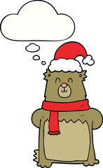 cartoon bear wearing christmas hat with thought bubble