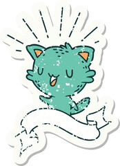 worn old sticker of a tattoo style happy cat