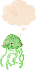 cute cartoon jellyfish with thought bubble in grunge distressed retro textured style