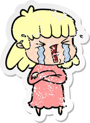 distressed sticker of a cartoon woman in tears