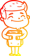 warm gradient line drawing of a happy cartoon man holding book