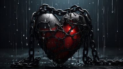 broken red heart in chains in the rain parting with a loved one