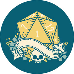 Retro Tattoo Style natural one d20 dice roll