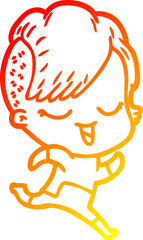 warm gradient line drawing of a happy cartoon girl in futuristic clothes