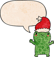 cute christmas frog with speech bubble in retro texture style