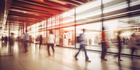 Generative AI, shopping mall with people, motion blur, blurred abstract background