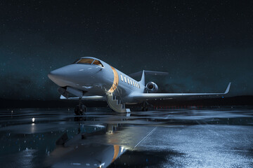 Luxury Private Aircraft Poised on Illuminated Rainy Runway at Night - obrazy, fototapety, plakaty