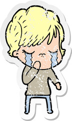 distressed sticker of a cartoon woman crying