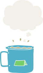 cartoon camping mug with thought bubble in retro style