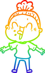 rainbow gradient line drawing of a cartoon happy old woman