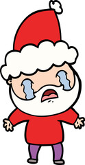 hand drawn line drawing of a bearded man crying wearing santa hat