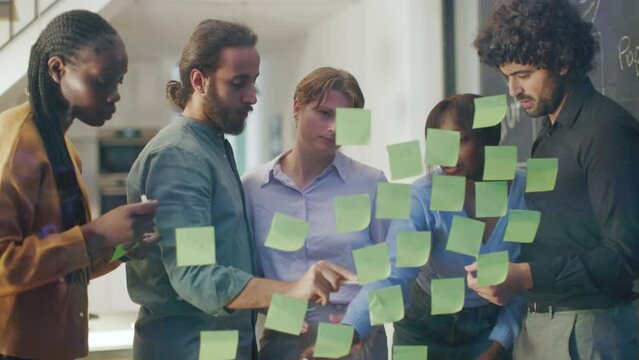 young team brainstorming using sticky posts