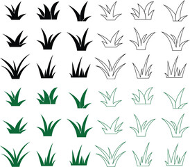 Flat Lawn grass Icons Set. Cartoon of plants and shrub for boarding and framing, eco and organic logo elements. Spring field planting shape lawn or garden editable stock on Transparent background.