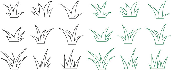 Line Lawn grass Icons Set. Cartoon of plants and shrub for boarding and framing, eco and organic logo elements. Spring field planting shape lawn or garden editable stock, Transparent background.