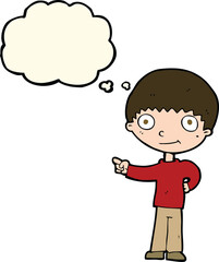 cartoon happy boy pointing with thought bubble