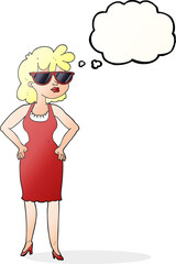 freehand drawn thought bubble cartoon woman wearing sunglasses