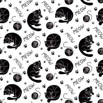 Black and white seamless pattern with lying hand drawn cats. Vector isolated pets in flat cartoon minimalistic style. Trendy kids pattern design on white background. Ideal for textile, wrapping paper