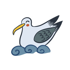 Funny kawaii seagull on water in cartoon style. Summer holiday concept character. Perfect for sea style decoration, sticker. Kids illustration