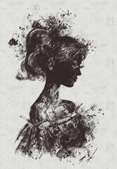 Fototapeta premium silhouette of a girl in a light dress, high hairstyle, girl with cameo, open shoulders