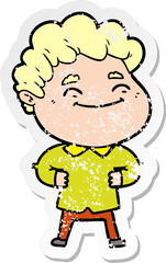 distressed sticker of a cartoon friendly man