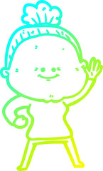 cold gradient line drawing of a cartoon happy old woman