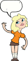 cartoon woman waving with speech bubble