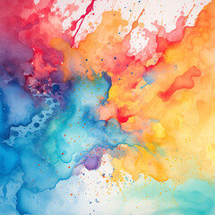  Explosive watercolor fusion of vibrant blue, red, and yellow hues with dynamic splashes and droplets, creating an abstract, playful composition