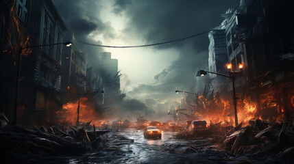 A post-apocalyptic ruined city. Destroyed buildings, burnt-out vehicles and ruined roads.