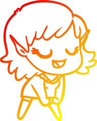 warm gradient line drawing of a happy cartoon elf girl
