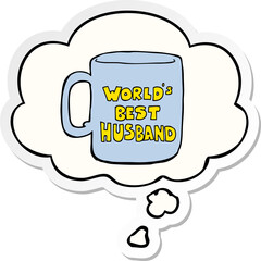 worlds best husband mug with thought bubble as a printed sticker