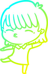 cold gradient line drawing of a cartoon woman