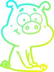cold gradient line drawing of a happy cartoon pig sitting