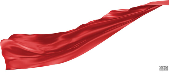 Flying red silk textile fabric flag background. Smooth elegant red Satin Isolated on white Background for grand opening ceremony. Red curtain. 3d vector illustration - obrazy, fototapety, plakaty