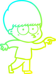 cold gradient line drawing of a nervous cartoon boy