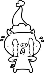 crying pig hand drawn line drawing of a wearing santa hat