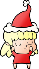 hand drawn gradient cartoon of a indifferent woman wearing santa hat