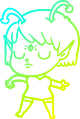 cold gradient line drawing of a cartoon alien girl