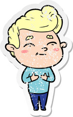 distressed sticker of a happy cartoon man