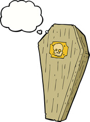 spooky cartoon coffin with thought bubble