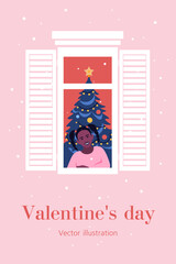 An African girl in window frame. Christmas and New year. A happy child on holidays. Snowfall. Postcard. Vector flat illustration