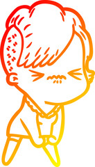 warm gradient line drawing of a cartoon annoyed hipster girl