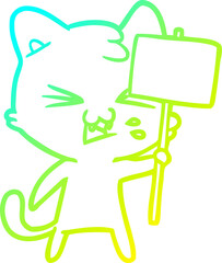 cold gradient line drawing of a cartoon cat hissing