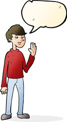 cartoon waving man with speech bubble